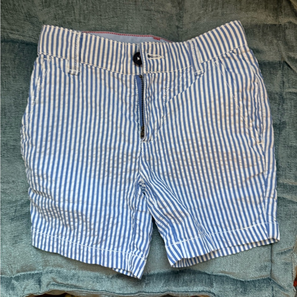 Mini Boden Blue and White Striped Flat Front Shorts